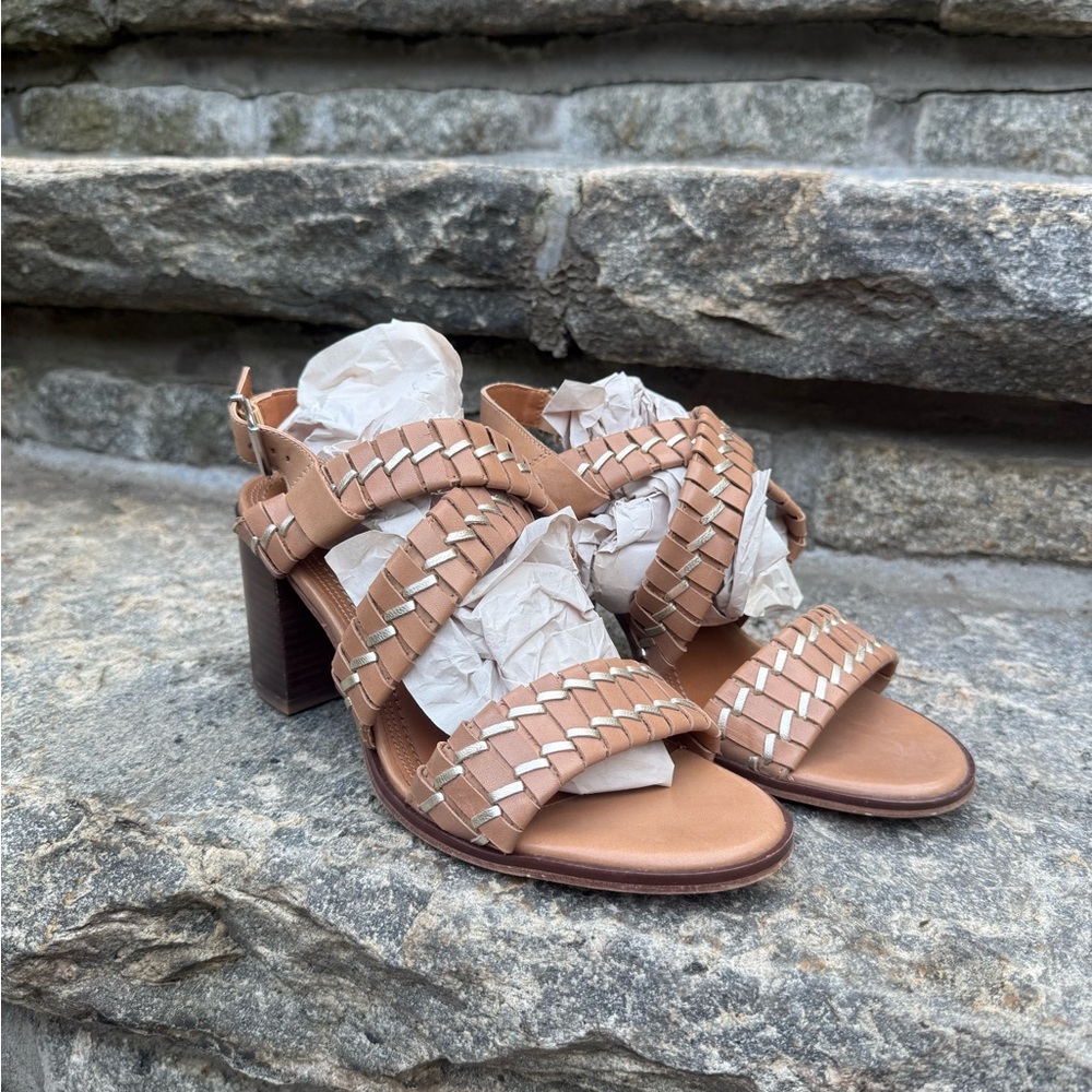 Lucky Brand Tan Braided Block Heel Sandals with Silver Accents